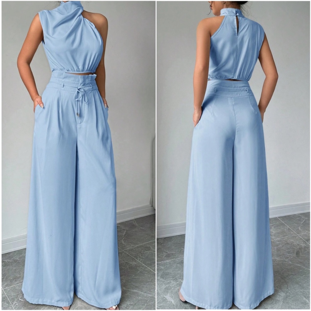 Classic Solid One Shoulder Wide leg Pants Set - Picture 7 of 7